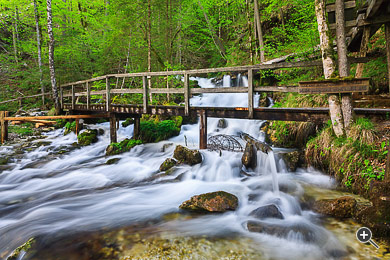 Wanderweg &uuml;ber einen Wasserfall in der Erlebniswelt Mendlingtal.