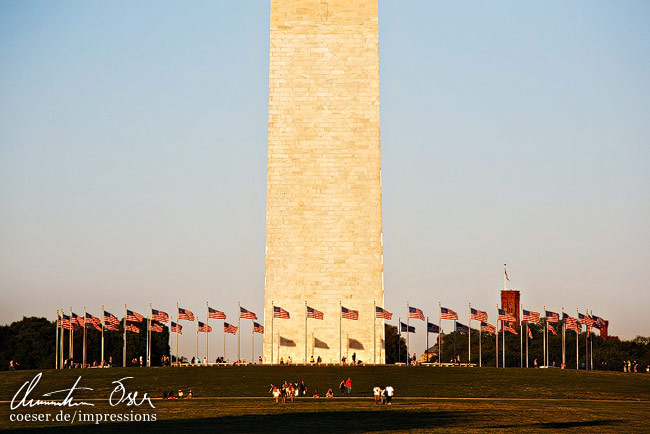 Ein Flaggenkreis beim Washington Monument in Washington, USA.